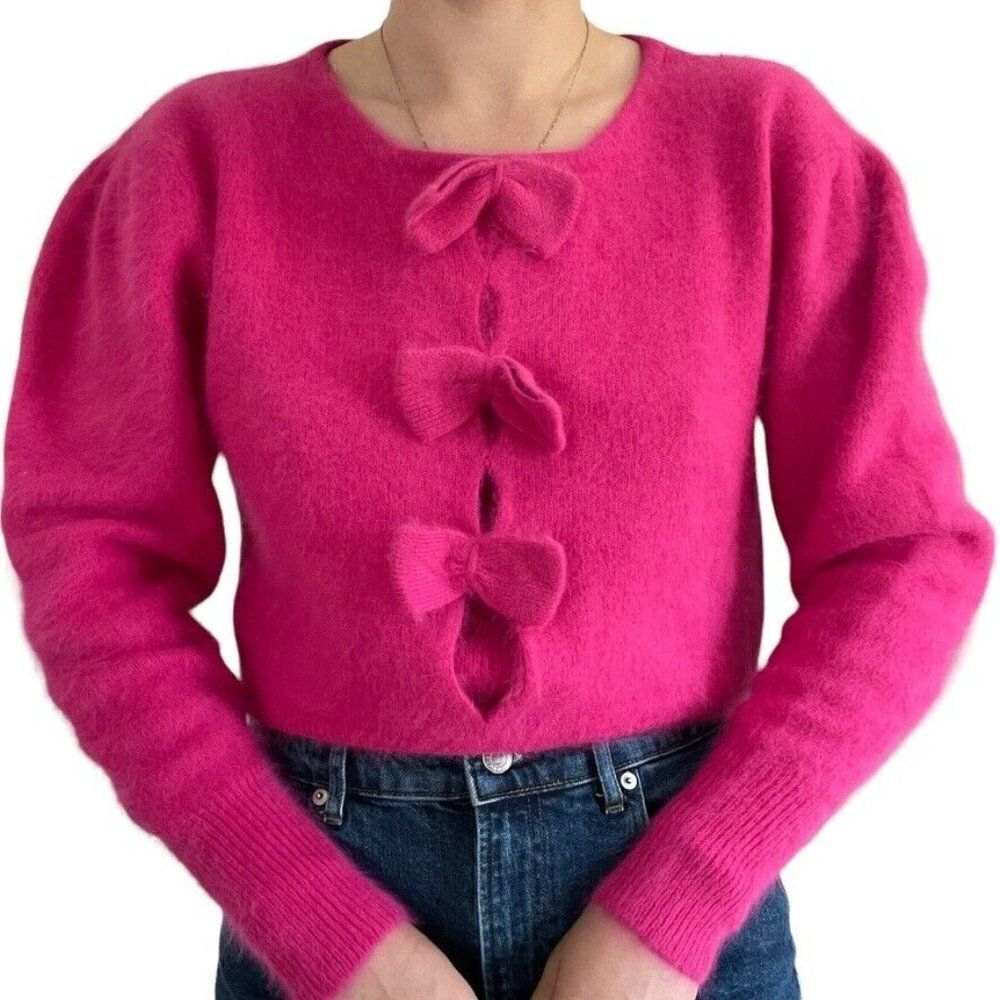 Vintage 80s Womens Hot Pink Angora Blend Bow Preppy Soft Sexy Fluffy Sweater